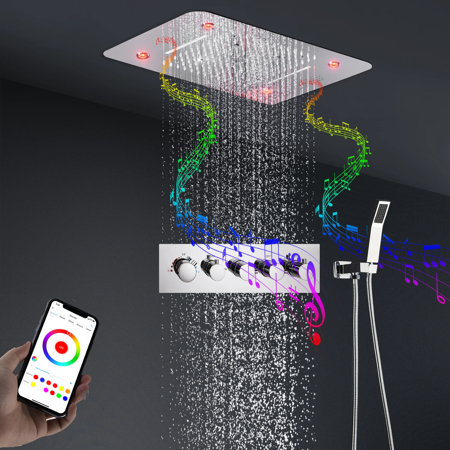4 Functions Thermostatic Music Rain Shower Set LED ShowerHead Bathroom Waterfall Faucets Brass Concealed Mixer Chrome Finished
4 Functions Thermostatic Music Rain Shower Set LED ShowerHead Bathroom Waterfall Faucets Brass Concealed Mixer Chrome Finished