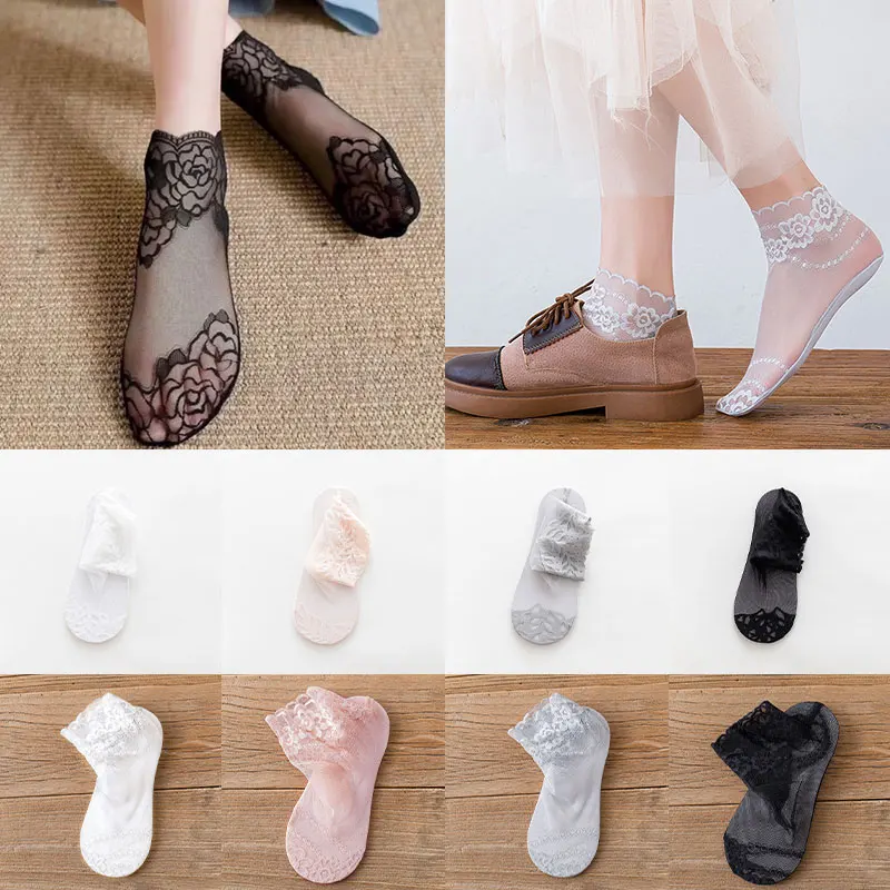 

Женские кружевные носки-лодочки, дышащие невидимые носки из сетчатой ткани, Нескользящие неглубокие носки, тонкие летние модные носки средней длины