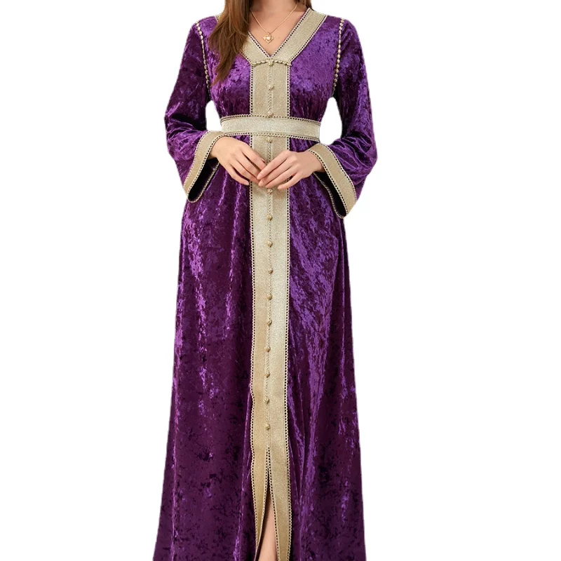 Muslim Abaya Dress Dubai Velvet Tape V-Neck Trim Belted Moroccan Kaftan Split Hem Maxi Dress Islam Oman Qatar Abayas For Women
Muslim Abaya Dress Dubai Velvet Tape V-Neck Trim Belted Moroccan Kaftan Split Hem Maxi Dress Islam Oman Qatar Abayas For Women