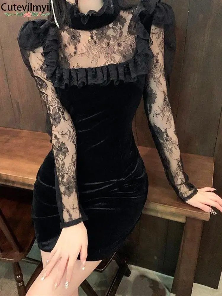 2022 Spring Chic Black Velvet Lace Dress Woman Female Long Sleeve Sexy Boaycon Mini Dress Elegant Party Korean Fashion Dress
2022 Spring Chic Black Velvet Lace Dress Woman Female Long Sleeve Sexy Boaycon Mini Dress Elegant Party Korean Fashion Dress