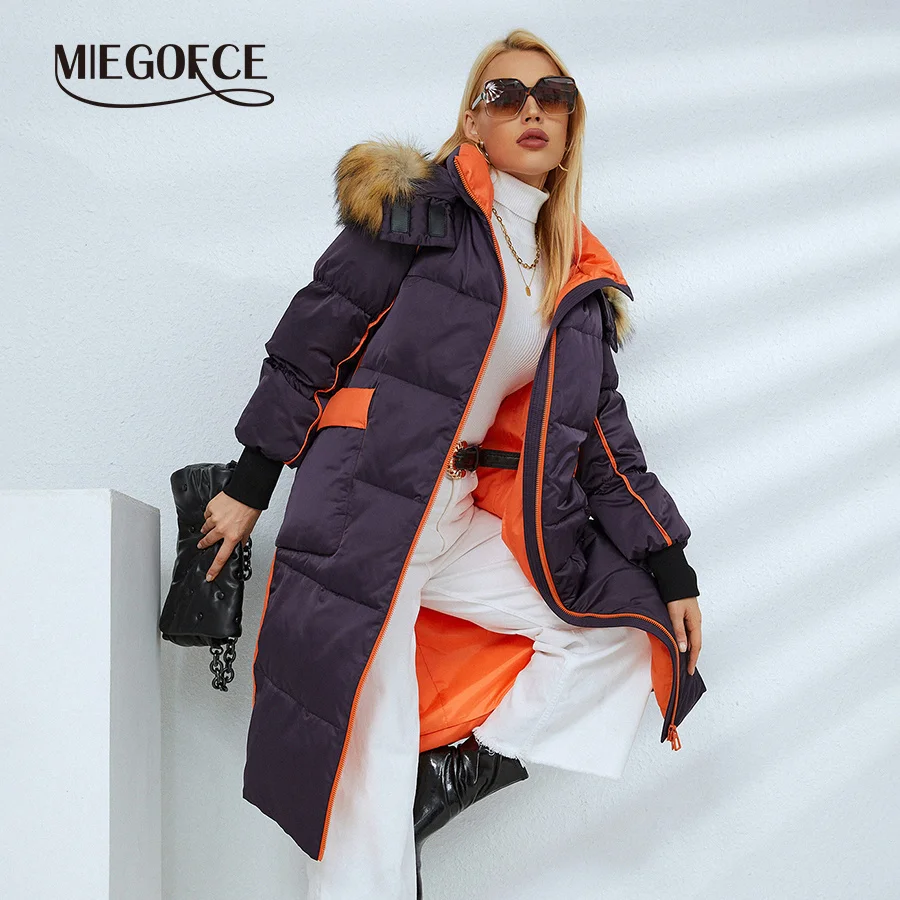 

MIEGOFCE 2022 Autumn Winter Women Long Jacket Hood with Fake Fur Collar Parka Fancy Design Pockets Coat Female Outerwear D21518