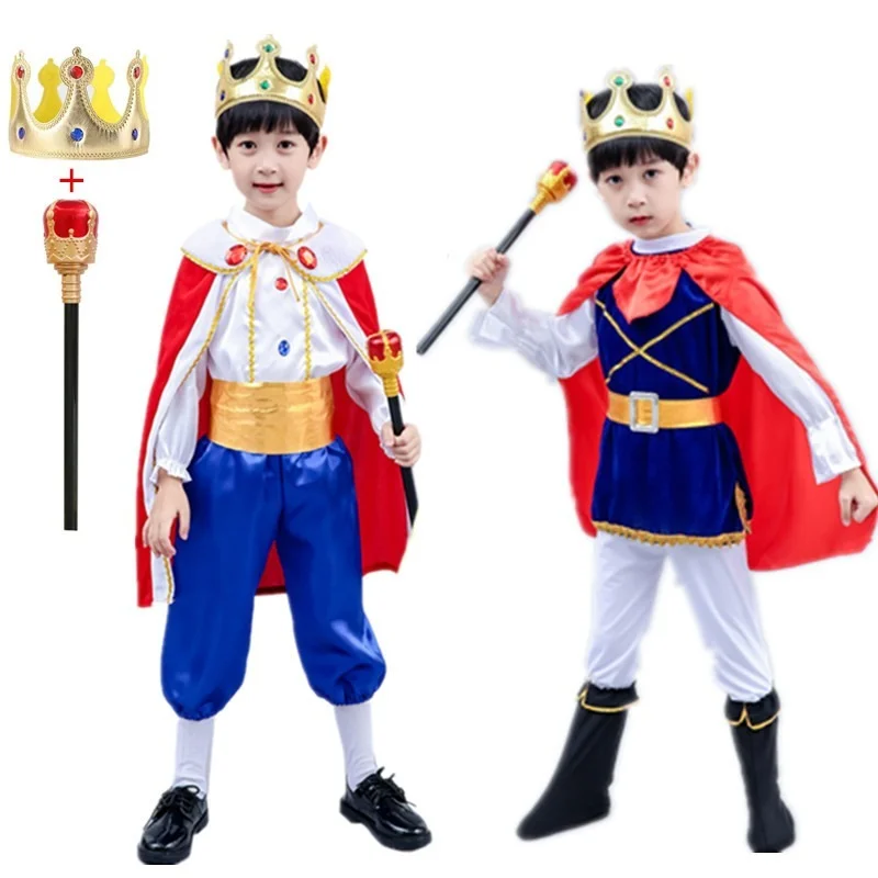 

Карнавальный костюм King Prince для ролевых игр, комплект для косплея мальчиков, наряд на Хэллоуин, накидка, корона, скипетр