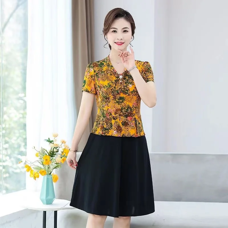 

EE43 Young Mom Summer New Dress Fashionable Middle aged and Elderly Women's Summer Short Sleeve Skirt Fashion Reducing Age