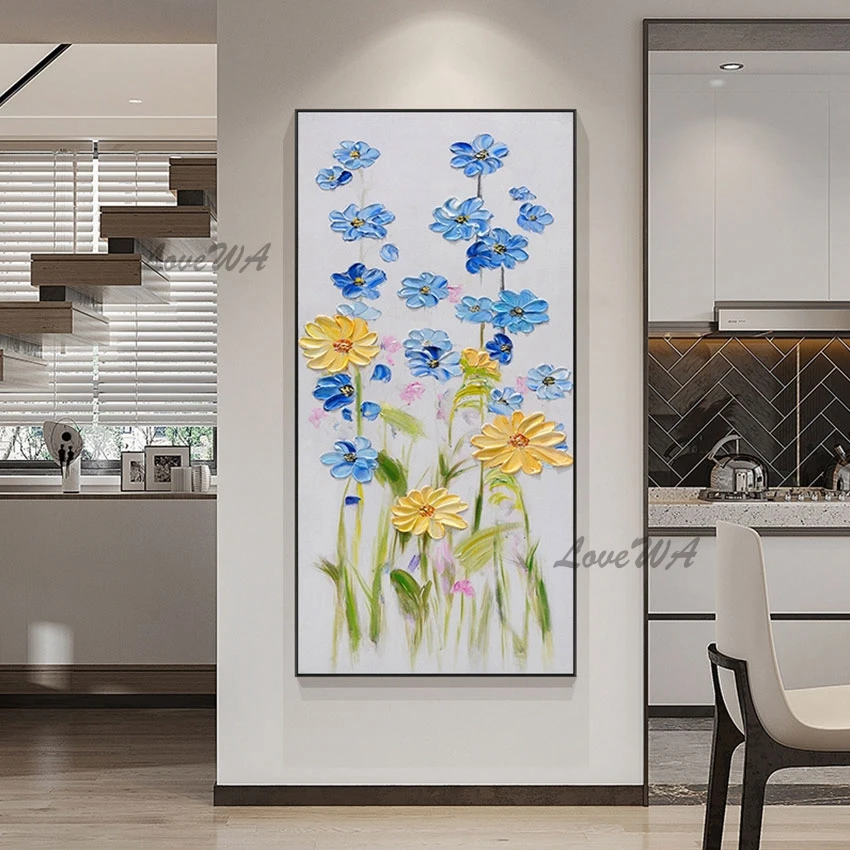 

Abstract Art Painting Large Hotel Artwork Unframed Kindergarten Wall Decoration Canvas Picture Blue Yellow Thick Acrylic Flower