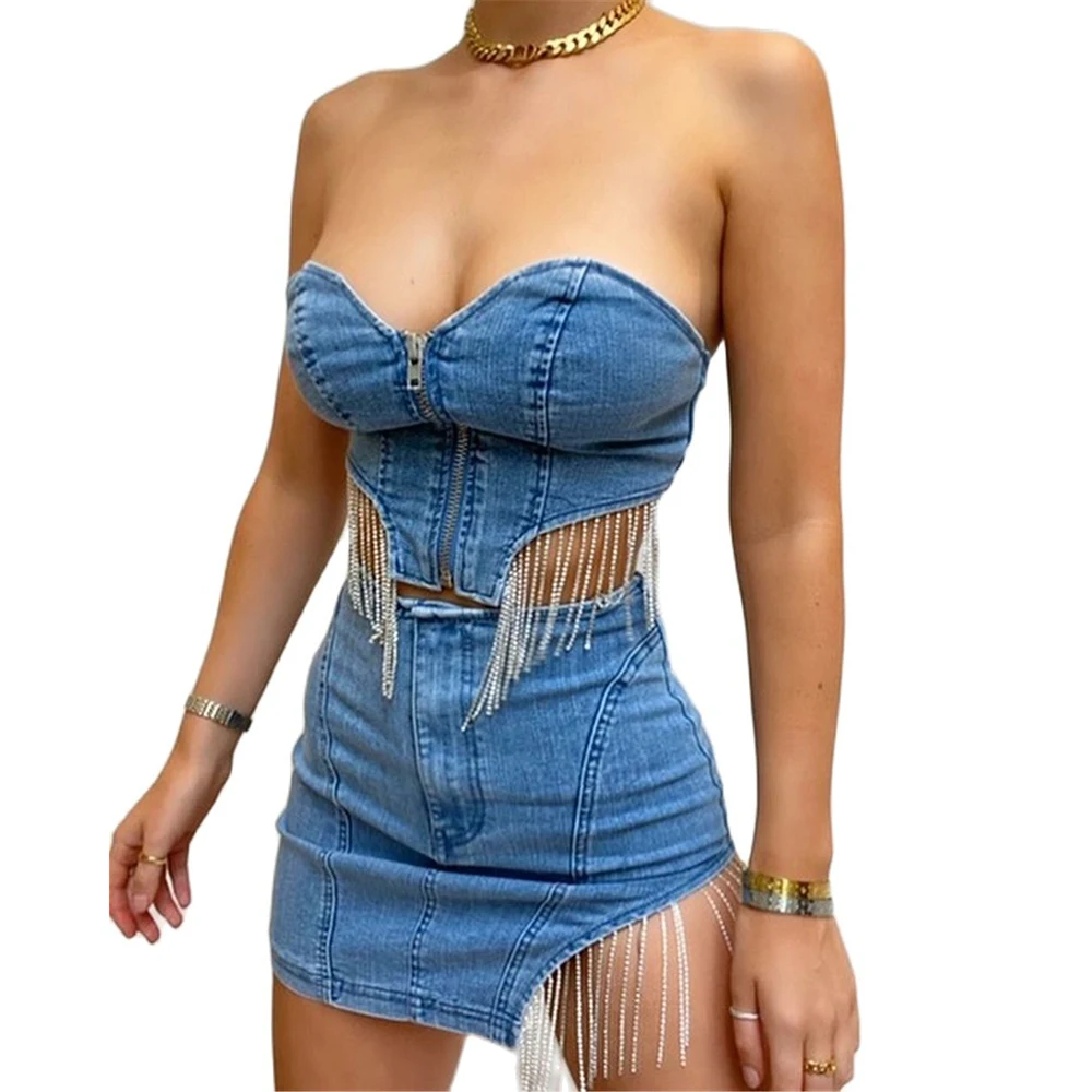 New Good Quality Denim Party Two Piece Sets Women Sexy Strapless Zippers Tight Tank Tops Slit Mini Skirts Suits Matching Outfits
New Good Quality Denim Party Two Piece Sets Women Sexy Strapless Zippers Tight Tank Tops Slit Mini Skirts Suits Matching Outfits