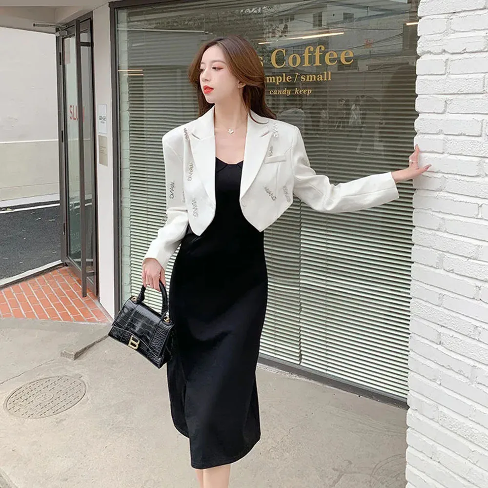 Spring Autumn Womens Blazer Dress Set Korean Fashion Letter Print Short Suit Jacket + Sexy Split Sling Dress Slim 2 Piece Suit
Spring Autumn Womens Blazer Dress Set Korean Fashion Letter Print Short Suit Jacket + Sexy Split Sling Dress Slim 2 Piece Suit
