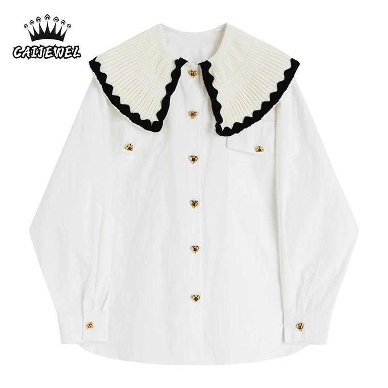 Women's Clothing French Shirts Love Button Lotus Leaf Collar Long Sleeves Casual Fashion Vintage Baggy Ladies Blouse Tops Spring
Women's Clothing French Shirts Love Button Lotus Leaf Collar Long Sleeves Casual Fashion Vintage Baggy Ladies Blouse Tops Spring