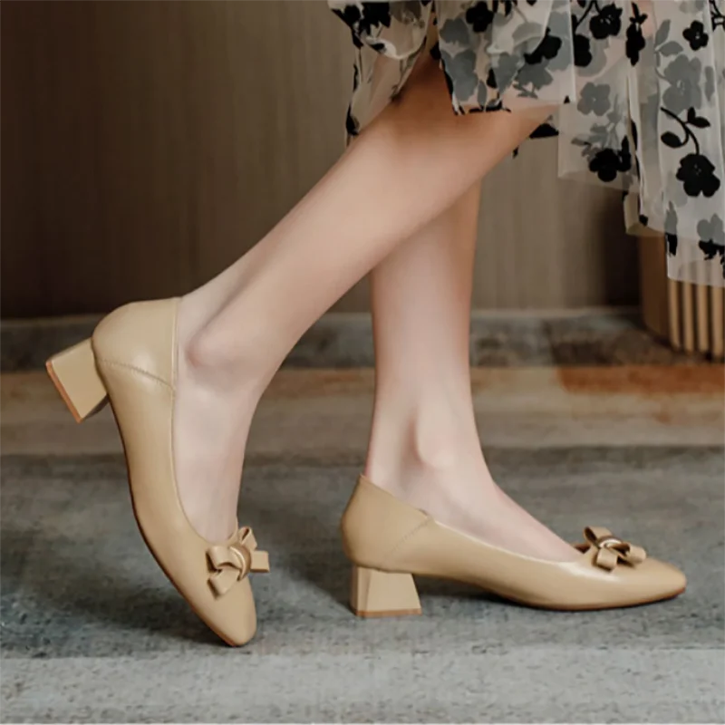 

2023 Spring Lady Shoes Square Toe Dress Shoes Chunky Women Boat Shoes Low Heels Pumps Bowtie Slip on Office