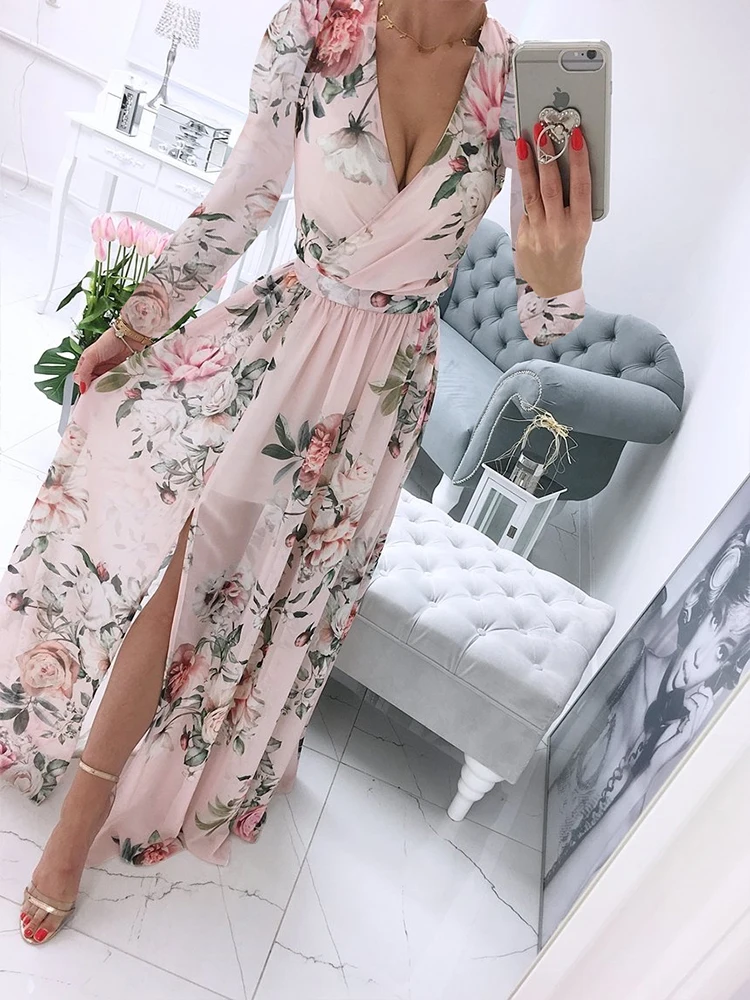 Summer Deep V-Neck Wrap Pleated Party Maxi Dress Sexy Retro Floral Print Slit Dress Mujer Women Long Sleeve Chiffon Boho Dress
Summer Deep V-Neck Wrap Pleated Party Maxi Dress Sexy Retro Floral Print Slit Dress Mujer Women Long Sleeve Chiffon Boho Dress