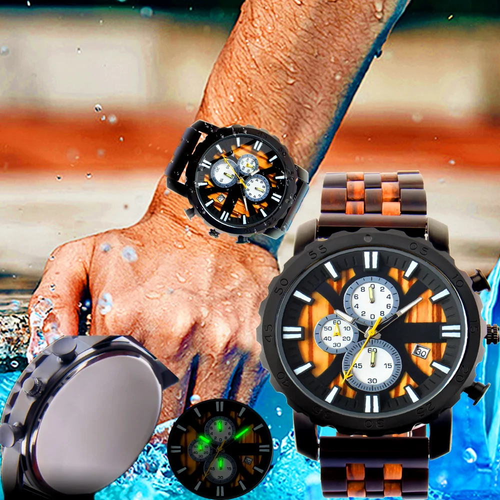 

водонепроницаемые часы наручные мужские часы деревянная часы наручные сплавной водонепроницаемый циферблат многофункциональные модные с...