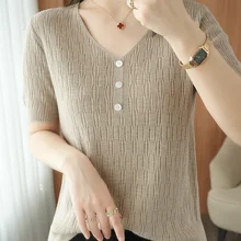 TuangBiang Summer 2023 Translucent Hollow Out Women Pullovers Button V-Neck Short Sleeve Knitted Grey T-Shirt Cotton Thin Tops