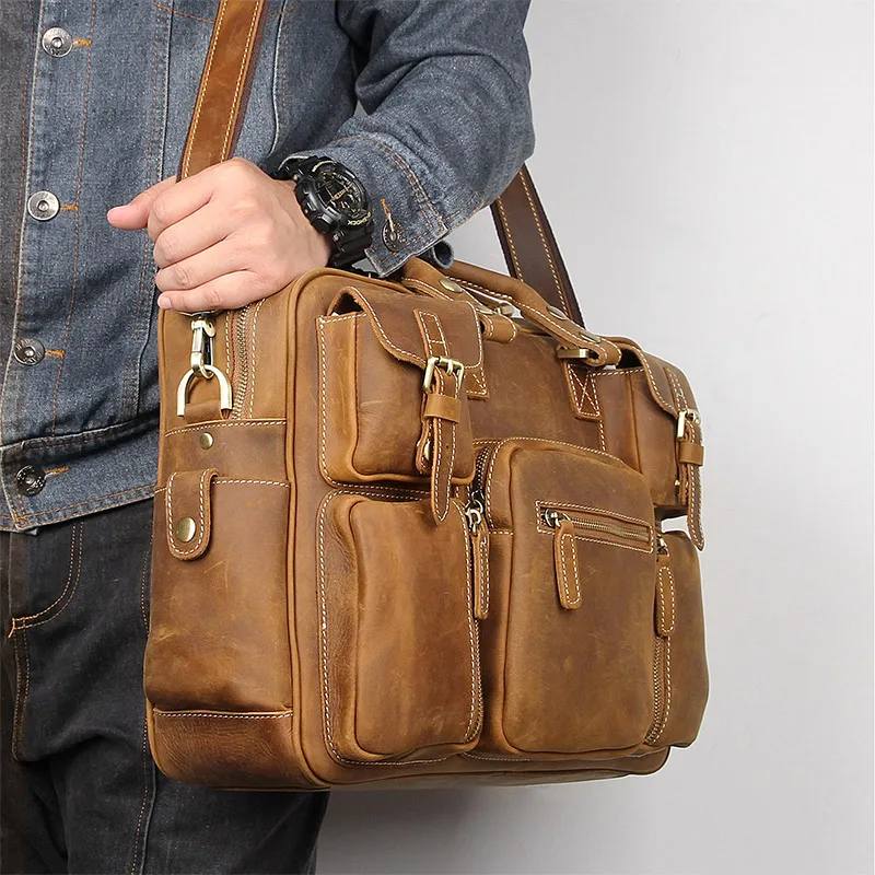 

Leather Bag Vintage Bag Tote Luufan Cow Real Work Leather Big 15.6" Men Laptop Messenger Business Leather Horse Crazy Briefcase