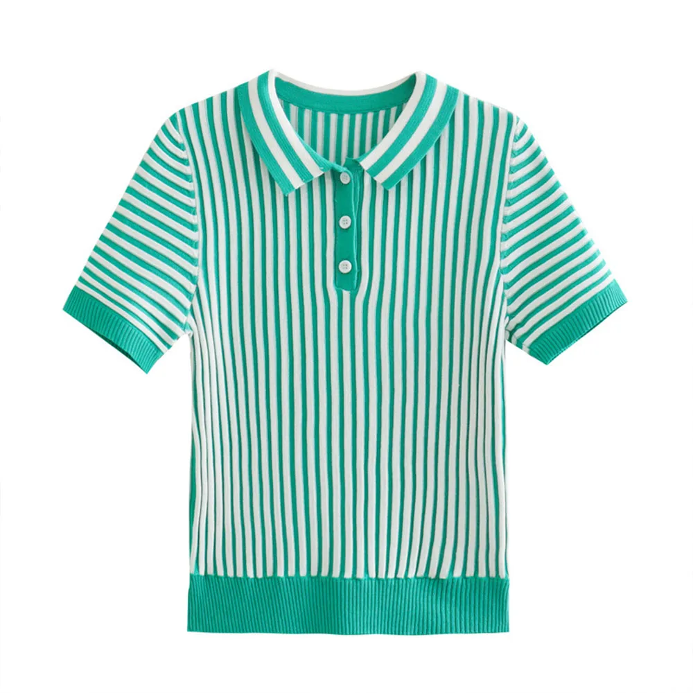 Women's T-Shirt 2022 Summer New Fashion Rib Detail Striped Knit Sweater Casual Lapel Short Sleeve Top Chic Pullover Women
Women's T-Shirt 2022 Summer New Fashion Rib Detail Striped Knit Sweater Casual Lapel Short Sleeve Top Chic Pullover Women