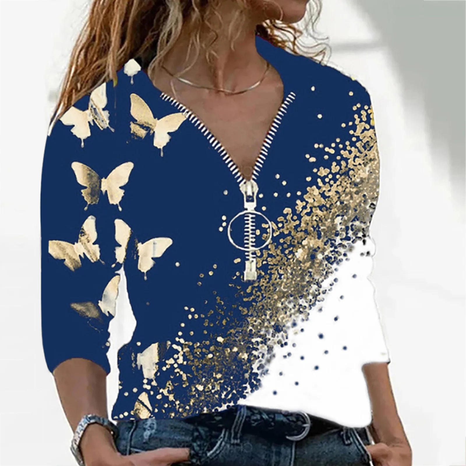Zipper Sleeve Top Women's Positioning Print T-Shirt V-neck Long Women's Blouse Womens T Shirts Long Sleeve
Zipper Sleeve Top Women's Positioning Print T-Shirt V-neck Long Women's Blouse Womens T Shirts Long Sleeve