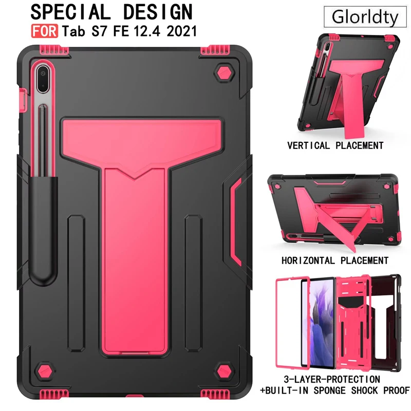 

Case For Samsung Galaxy Tab S7 FE 12.4 T730 T735 S7 Plus T970 T975 Hybrid Armored Shockproof Silicone Kids Cover Desktop Stand