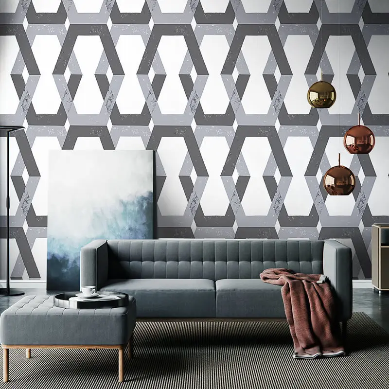 

Modern Grey Geometry Lattice Wall Paper Roll Waterproof Wallpapers for Background Walls Decor KTV Barber Shop Grid Contact Paper