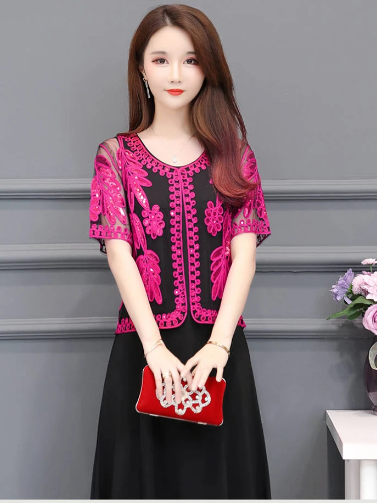 2023 летние женские кружевные рубашки с коротким рукавом из бисера с пайетками 
2023 летние женские кружевные рубашки с коротким рукавом из бисера с пайетками