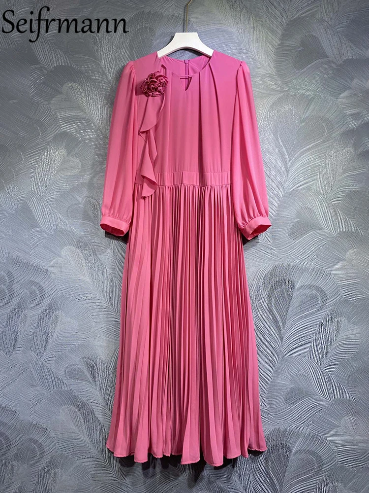 

Женское модельное плиссированное платье Seifrmann, длинное однотонное платье с рукавами-фонариками, аппликацией и оборками, лето