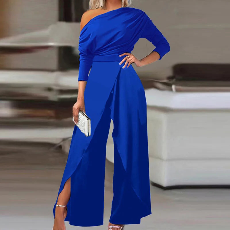 

Chic Spring Solid Formal Party Jumpsuit Women Sexy Skew Collar Hollow Office Romper Casual Wide Leg Slit Pants Playsuit Overalls