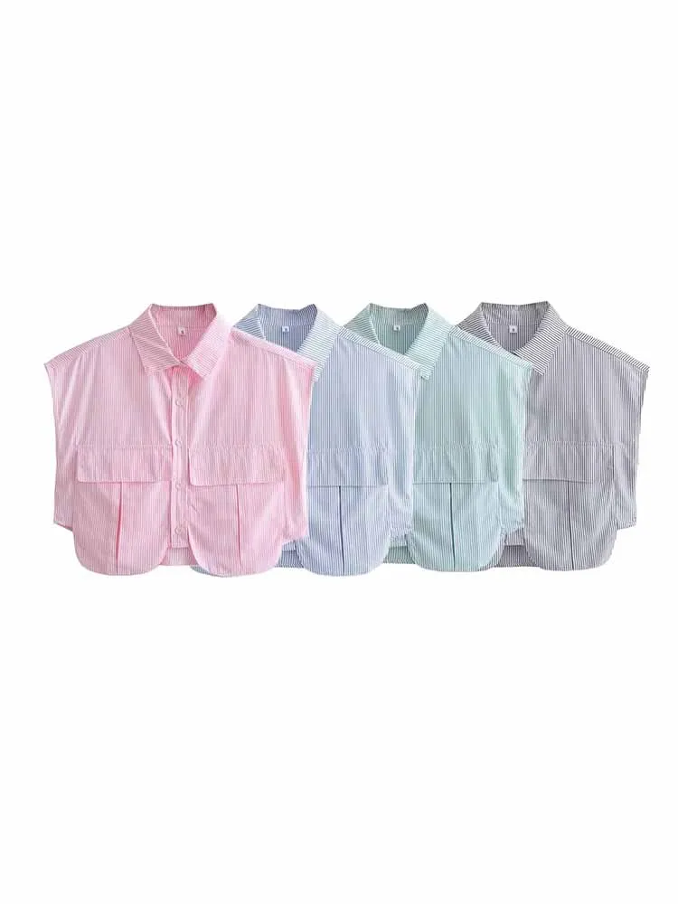 Women New Fashion Large Pocket decoration Cropped stripe Blouses Vintage Short Sleeve Button-up Female Shirts Chic Tops
Women New Fashion Large Pocket decoration Cropped stripe Blouses Vintage Short Sleeve Button-up Female Shirts Chic Tops