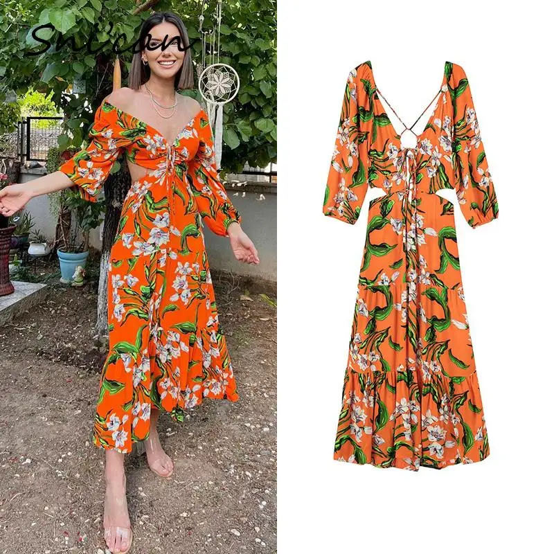 Hollow Out Waist Women Dress Fashion Summer V Neck Long Sleeve Backless Bandage Midi Dresses Vintage Orange Floral Vestidos 2022
Hollow Out Waist Women Dress Fashion Summer V Neck Long Sleeve Backless Bandage Midi Dresses Vintage Orange Floral Vestidos 2022