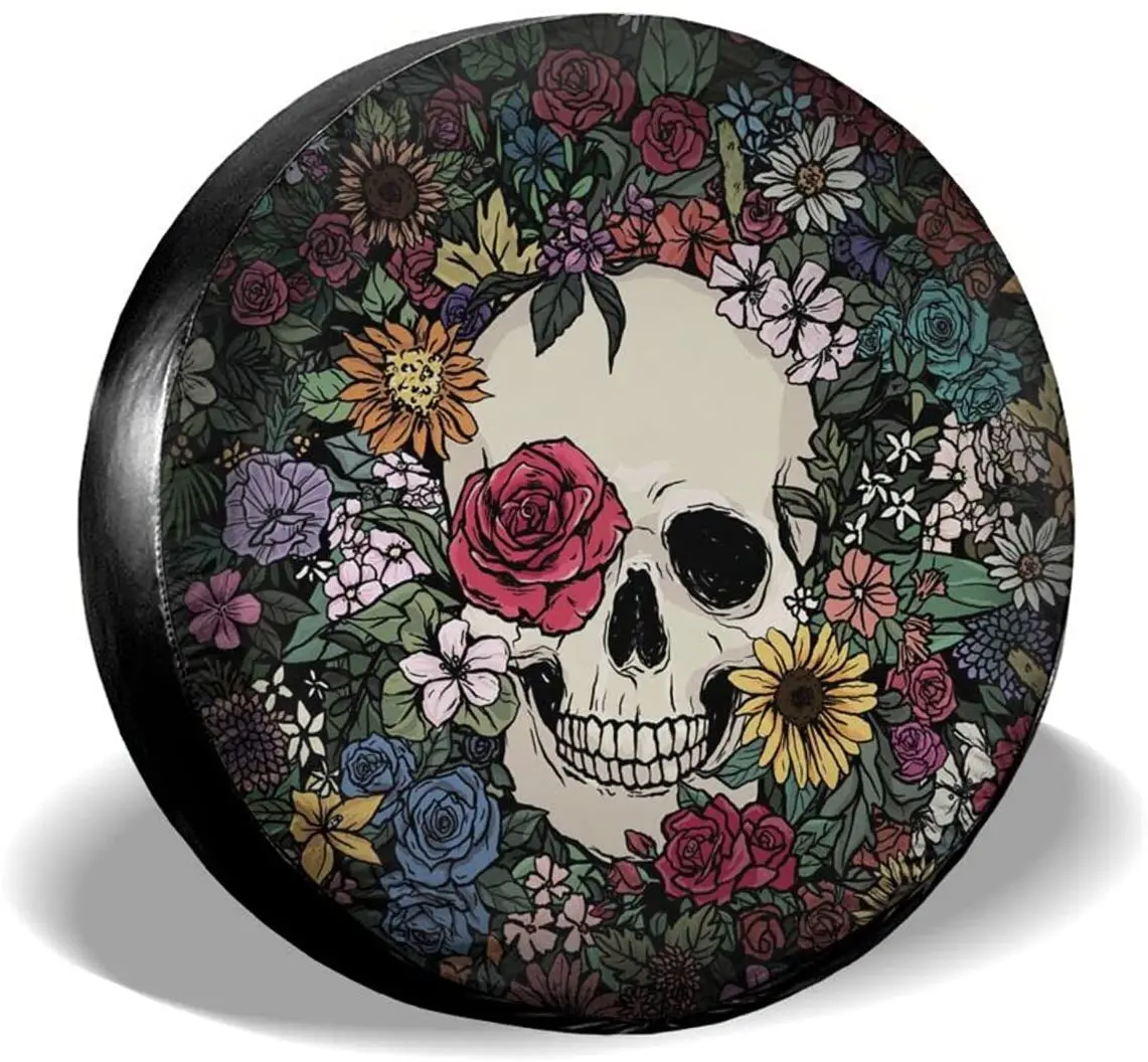 

Sugar Skull Spare Tire Cover Floral Sun Protection for Jeep Trailer RV SUV Truck and Many Vehicles 15Inch Waterproof Valentine's