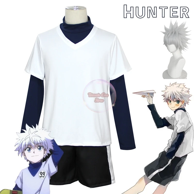 Killua Zoldyck Косплей Костюм Охотник × X H닥 Kirua Zaoldyeck Футболка Полный комплект Парик