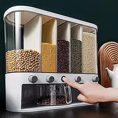 Food Dispenser, mounted 5 Grid Cereal Dispenser,Rice dispenser 25 pounds Kitchen Storage with Measuring Cup
Food Dispenser, mounted 5 Grid Cereal Dispenser,Rice dispenser 25 pounds Kitchen Storage with Measuring Cup