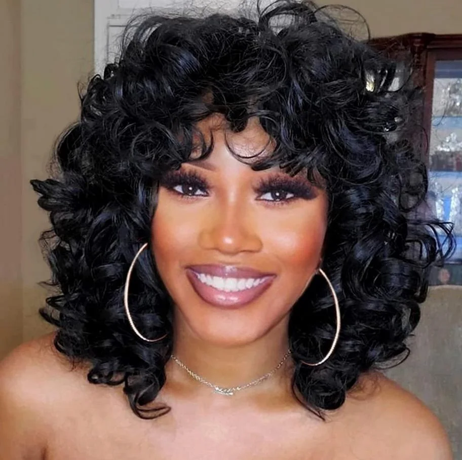 

Короткие вьющиеся афро парики для чернокожих женщин, мягкие и здоровые черные синтетические кудрявые вьющиеся волосы, натуральные, как настоящие волосы, косплей, женский парик