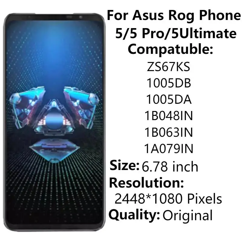 6,78 "Оригинальный ЖК-дисплей для Asus Rog Phone 5/5 Pro, рамка, сенсорный экран, дигитайзер, дисплей для Rog 5S Pro 5 Ultimate ZS673KS 
6,78 "Оригинальный ЖК-дисплей для Asus Rog Phone 5/5 Pro, рамка, сенсорный экран, дигитайзер, дисплей для Rog 5S Pro 5 Ultimate ZS673KS