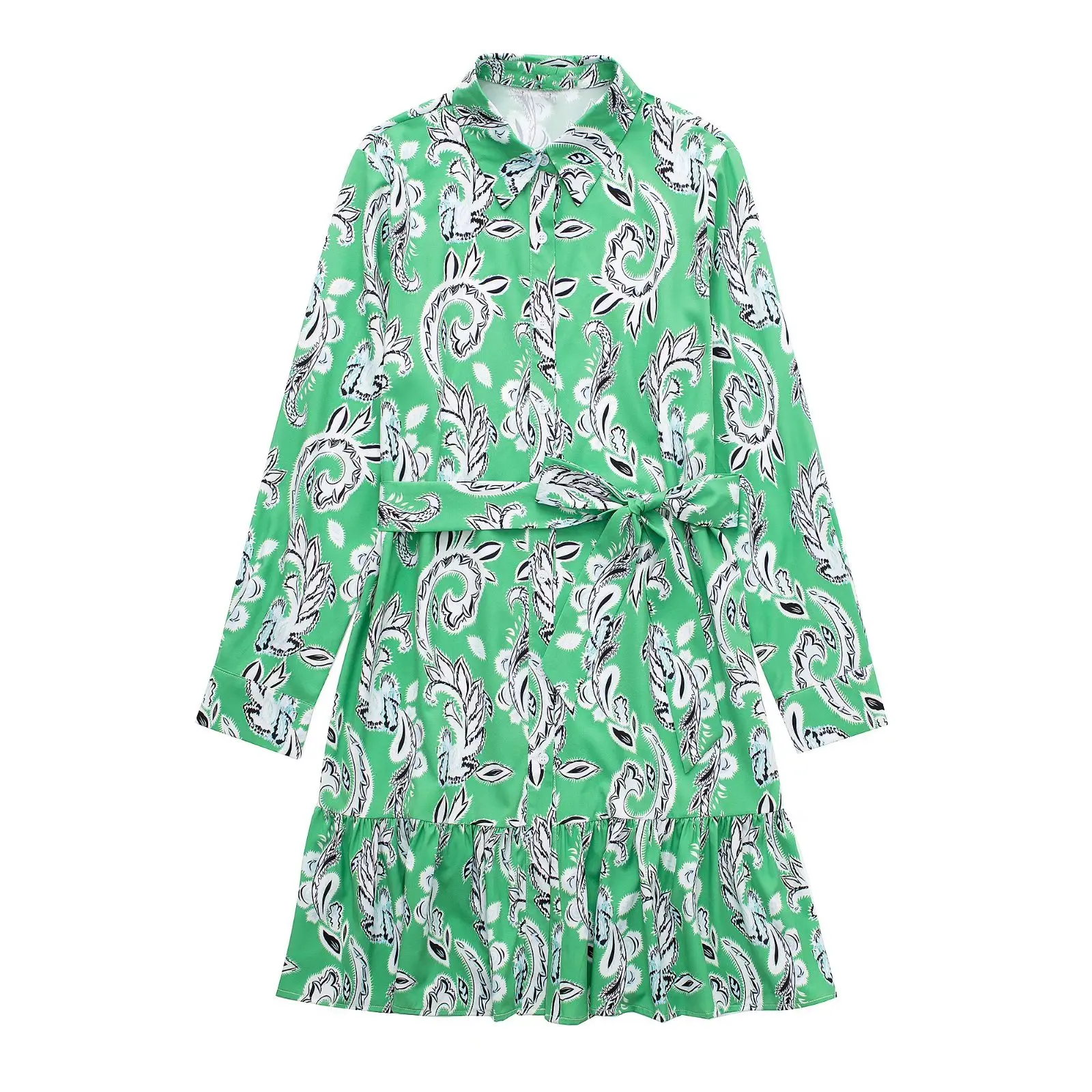 Women Green Print Dress with Belt Long Sleeves Lapel Collar Shirt-style Chic Lady Casual Short Dresses Female 2022 Femme Robe
Women Green Print Dress with Belt Long Sleeves Lapel Collar Shirt-style Chic Lady Casual Short Dresses Female 2022 Femme Robe