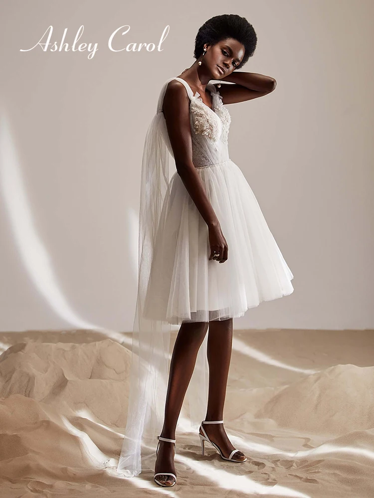 

Короткое свадебное платье Ashley Carol 2024 с v-образным вырезом, свадебные платья без спинки, на тонких бретельках, с лентами, ТРАПЕЦИЕВИДНОЕ свадебное платье