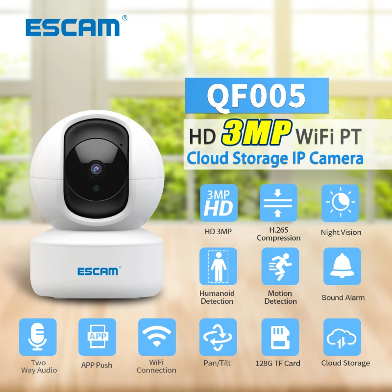 ESCAM QF005 Humanoid Detection 3MP Motion Tracking Sound Alarm Cloud Storage Two-way Audio Night Vision WiFi PT Camera
ESCAM QF005 Humanoid Detection 3MP Motion Tracking Sound Alarm Cloud Storage Two-way Audio Night Vision WiFi PT Camera