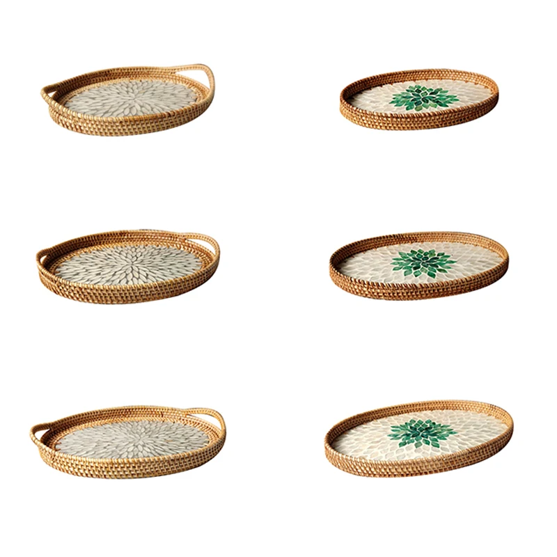 

BMDT-Rattan Basket Handwoven Fruit Storage Breakfast Serving Tray Drinks Snack Coffee Platters Bread Plate Home Organizer