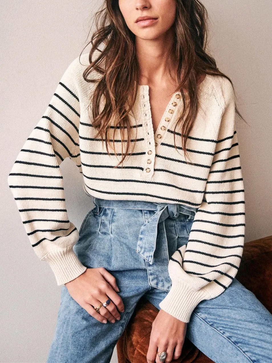 

Women Long Puff Sleeve Stripes Sweater O-Neck Buttons All-Match Fall Winter 2023 Female Loose Jumpers yun duo