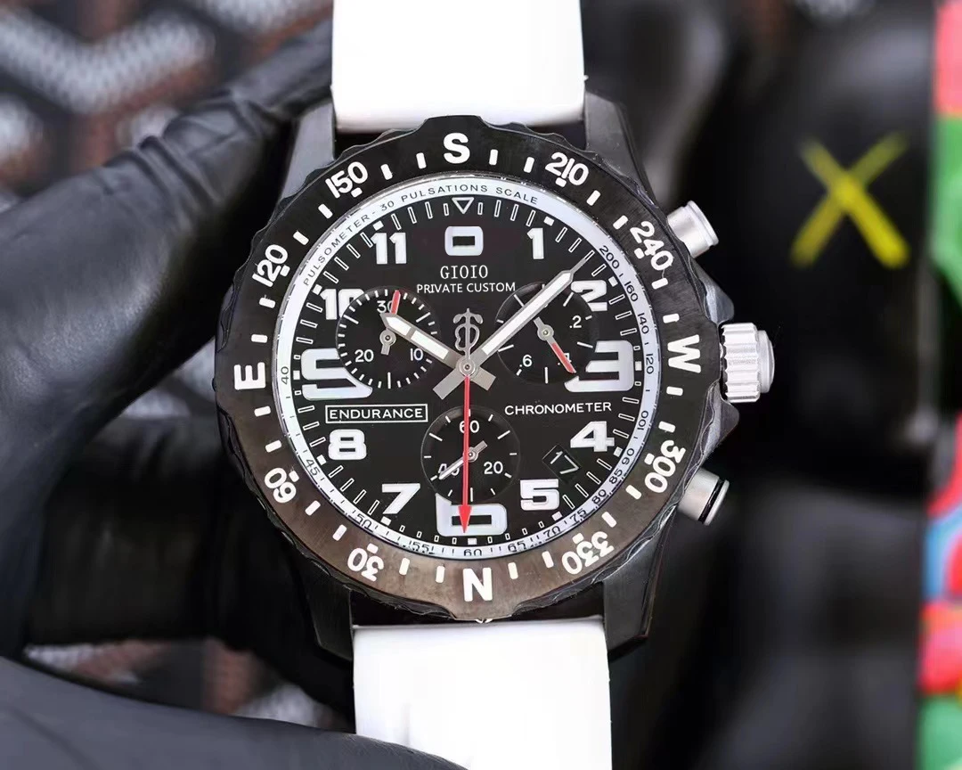 

44mm High Quality Mens Watch Endurance Pro Chronograph Red White Black Rubber Quartz Sapphire Chronometer