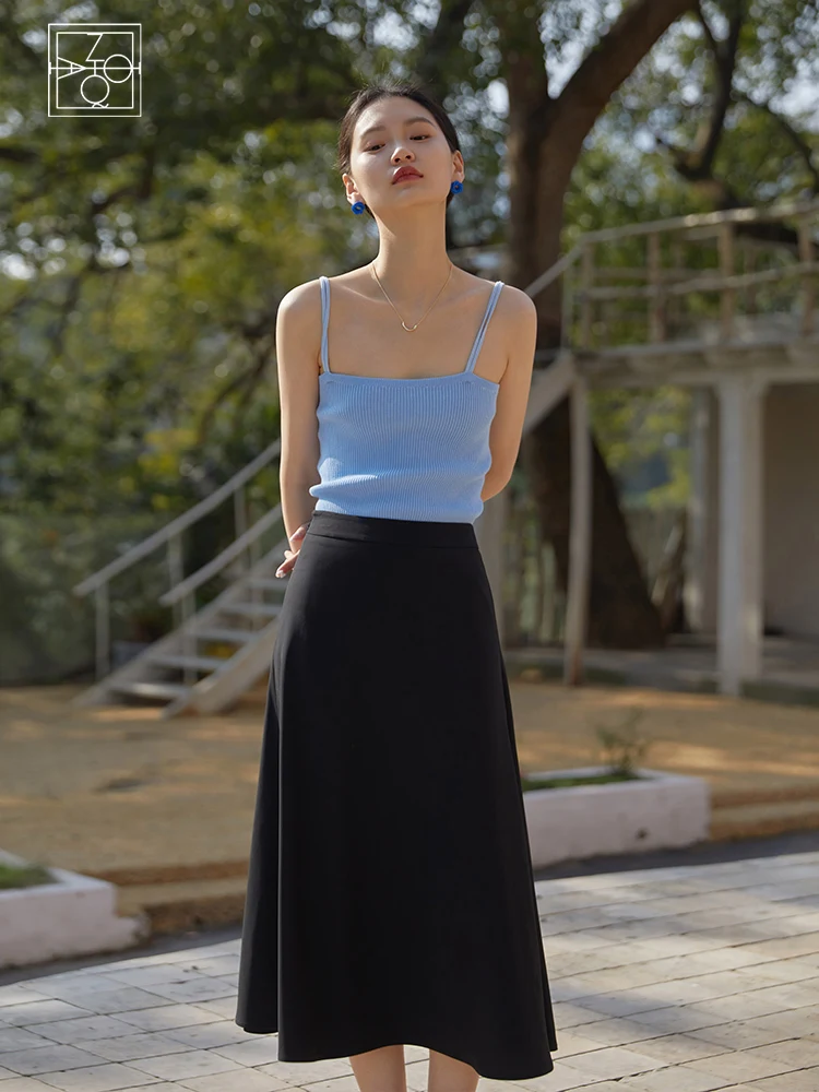 

ZIQIAO Japanese High Waist Mid-Calf A-LINE Dress Solid Acetate Temperament Long Skirt Side Zipper Black Drape Skirts