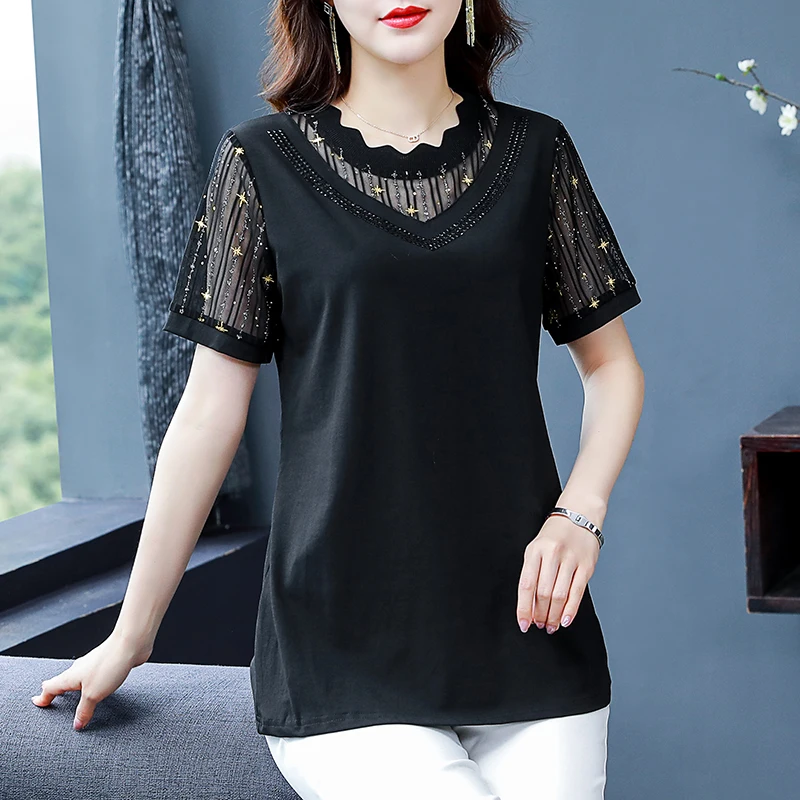 Ladies Fashion T Shirts 5XL Plus Size Clothing Loose Summer Short Sleeves Casual Girls Tops Plus Size Women Lace Stitching 2022
Ladies Fashion T Shirts 5XL Plus Size Clothing Loose Summer Short Sleeves Casual Girls Tops Plus Size Women Lace Stitching 2022