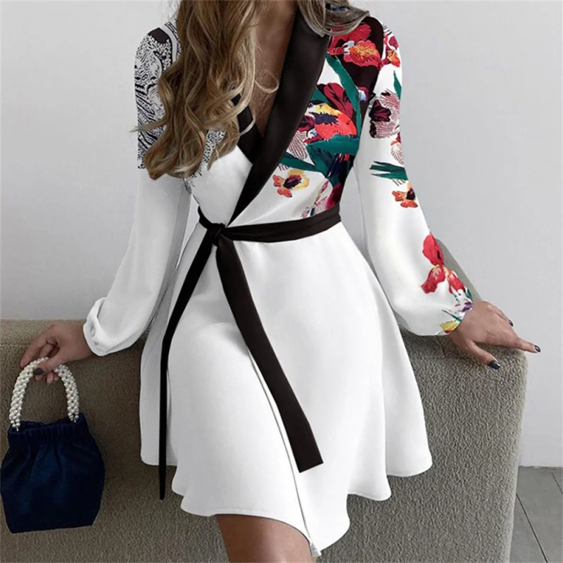 2022 spring and autumn new print women's dresses, fashionable V-neck tie casual style mid-size women's dress 
2022 spring and autumn new print women's dresses, fashionable V-neck tie casual style mid-size women's dress
