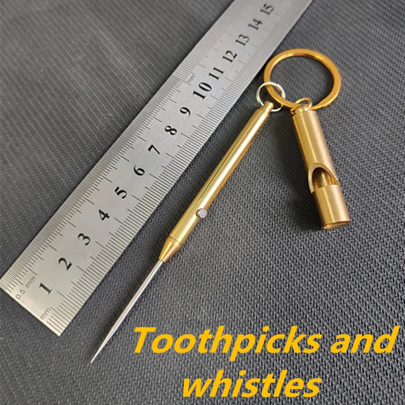 

Outdoor Camping Self-defense Weapon Spring Toothpick Key Chain Pendant Gift Brass Whistle Ear Spoon Retractable Fruit Pick Tool