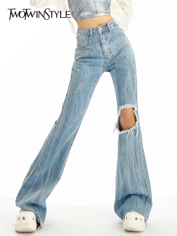 TWOTWINSTYLE Hole Hollow Out Flare Pants For Women High Waist Loose Solid Minimalist Jeans Female Korean Fashion Clothing Style
TWOTWINSTYLE Hole Hollow Out Flare Pants For Women High Waist Loose Solid Minimalist Jeans Female Korean Fashion Clothing Style