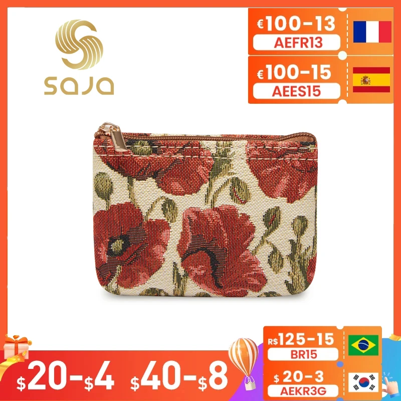 

SAJA Coin Purses Tapestry Zip Credit Card Holder Mini Zipper Wallet ID Card Keys Lipstick Headset Pouch for Women Red Poppy