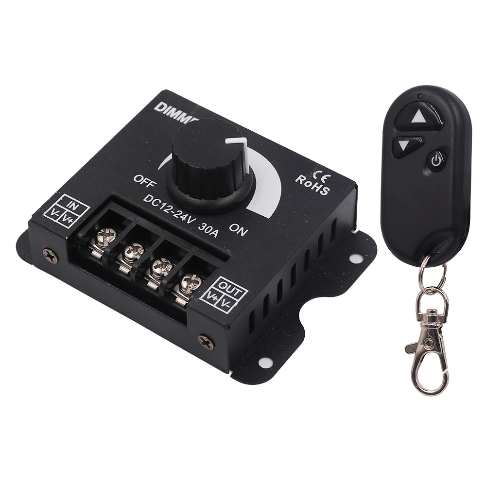 

LED Stepless Dimmer Switch DC 12V-24V 30A 360W Remote Control Brightness Adjustment Controller for Single Color LED Strip Light