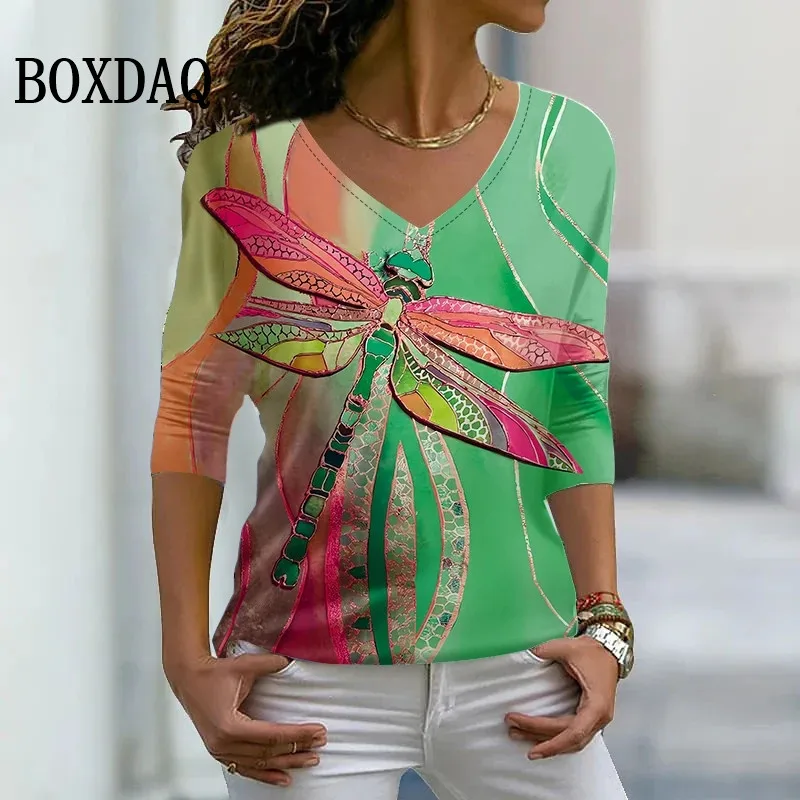 2024 Women V-Neck Tee Shirt Spring Fashion Elegant Long-Sleeved New Design Dragonfly Pattern Printed Top Oversized Loose T-Shirt
2024 Women V-Neck Tee Shirt Spring Fashion Elegant Long-Sleeved New Design Dragonfly Pattern Printed Top Oversized Loose T-Shirt