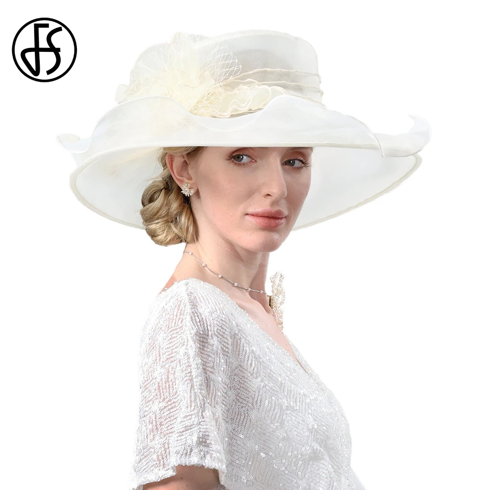 

FS Elegant Ladies Big Brim Fedora Kentucky Derby Hats For Women Organza Champagne Sun Millinery Flower Wedding Party Church Cap
