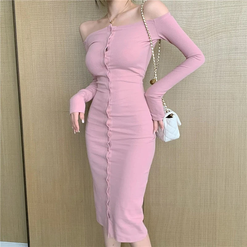 Club Pink Slim Fit Off Shoulder Dressed Bodycon Hip Sexy Midi Dressed Long Sleeves Skinny Single-breasted Dress Spring Autumn
Club Pink Slim Fit Off Shoulder Dressed Bodycon Hip Sexy Midi Dressed Long Sleeves Skinny Single-breasted Dress Spring Autumn