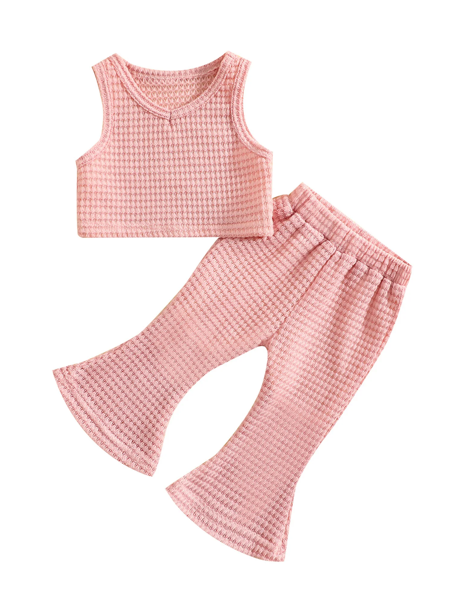 Однотонная летняя одежда для маленьких девочек, топ без рукавов с вафельным рисунком и длинные расклешенные брюки
Однотонная летняя одежда для маленьких девочек, топ без рукавов с вафельным рисунком и длинные расклешенные брюки