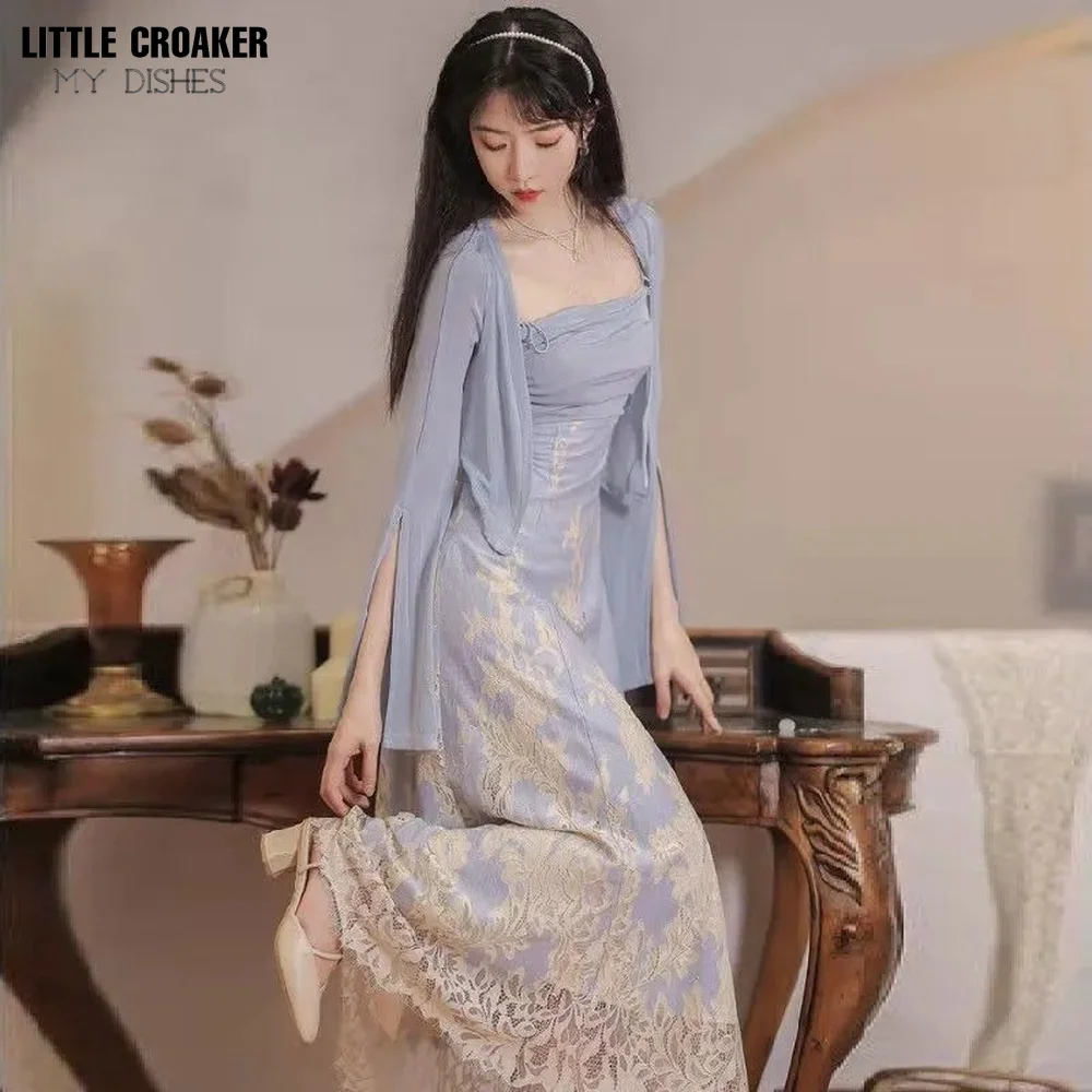 Fall 2022 Fashion Women Clothing Blue-gray Split Long Sleeve Cardigan 2 Piece Set Lace Hem Vintage Dress for Ladies
Fall 2022 Fashion Women Clothing Blue-gray Split Long Sleeve Cardigan 2 Piece Set Lace Hem Vintage Dress for Ladies