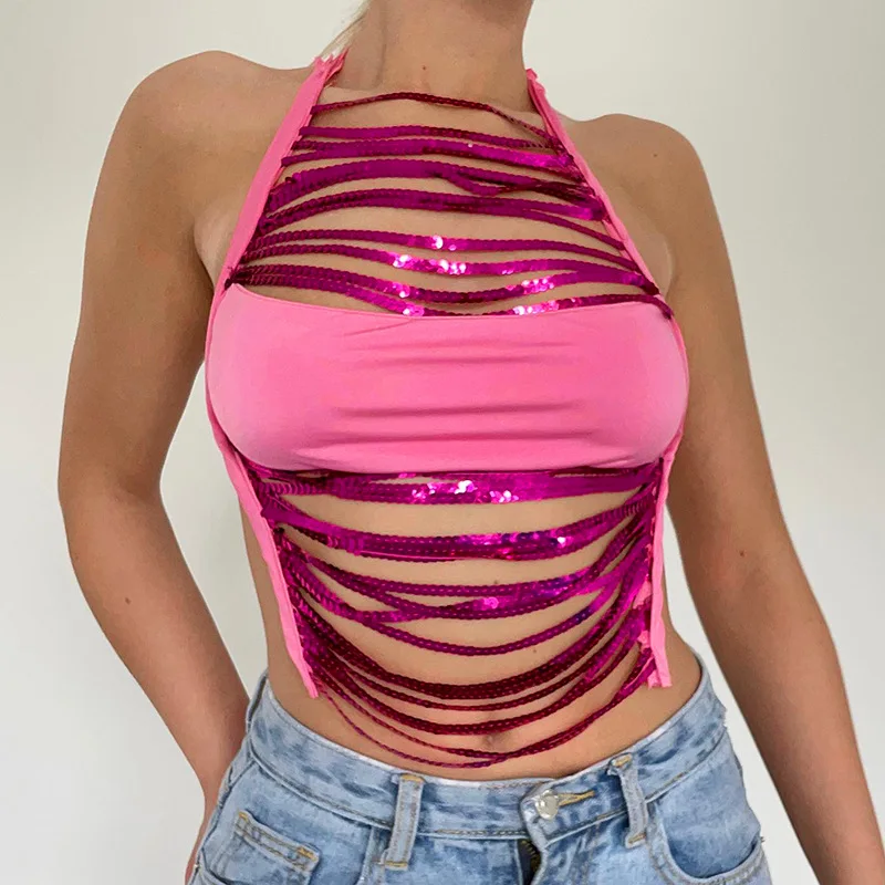 Sequined Halter Tops for Women Y2K Fashion Tees 2023 Girls Summer Streetwear Sexy T Shirts Bandage Vest Female Outwear Outfits
Sequined Halter Tops for Women Y2K Fashion Tees 2023 Girls Summer Streetwear Sexy T Shirts Bandage Vest Female Outwear Outfits