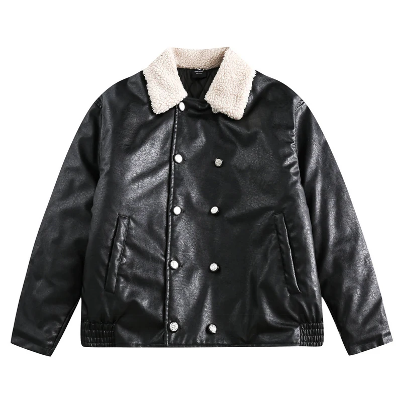 Мужская винтажная куртка из искусственной кожи, однотонная Повседневная Свободная парка с воротником из овечьей шерсти и флисовой подкладкой, теплая парка для пар, зима 2023 
Мужская винтажная куртка из искусственной кожи, однотонная Повседневная Свободная парка с воротником из овечьей шерсти и флисовой подкладкой, теплая парка для пар, зима 2023